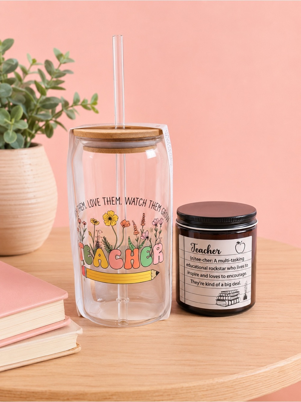 Teacher Floral Tumbler with Straw & Candle